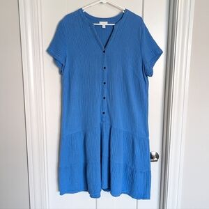 J Jill Blue Cotton Gauze Tiered Drop Waist Dress sz L